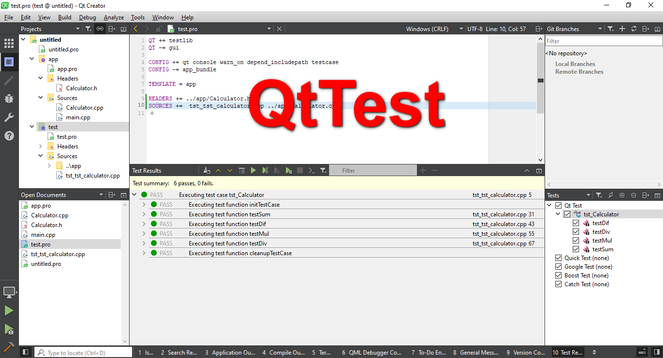 Как создать юнит-тест QtTest в среде разработки QtCreator
